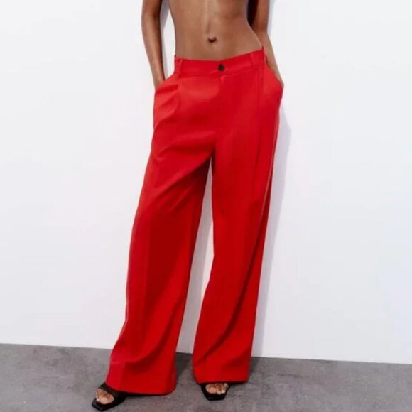 NWT ZARA FLOWY PLEATED PANTS BRIGHT RED - Picture 2 of 8